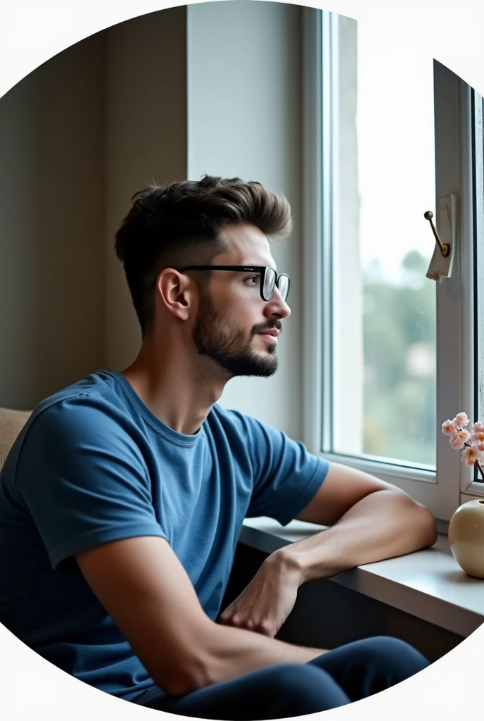 This is a insta profile pic in a circle .
a boy in blue t shirt little beard sharp jaw, specs sitting side wise on the coach arm resting on the armrest ,looking out the balcony window . There is a o shaped flower vase near the balcony window. 
