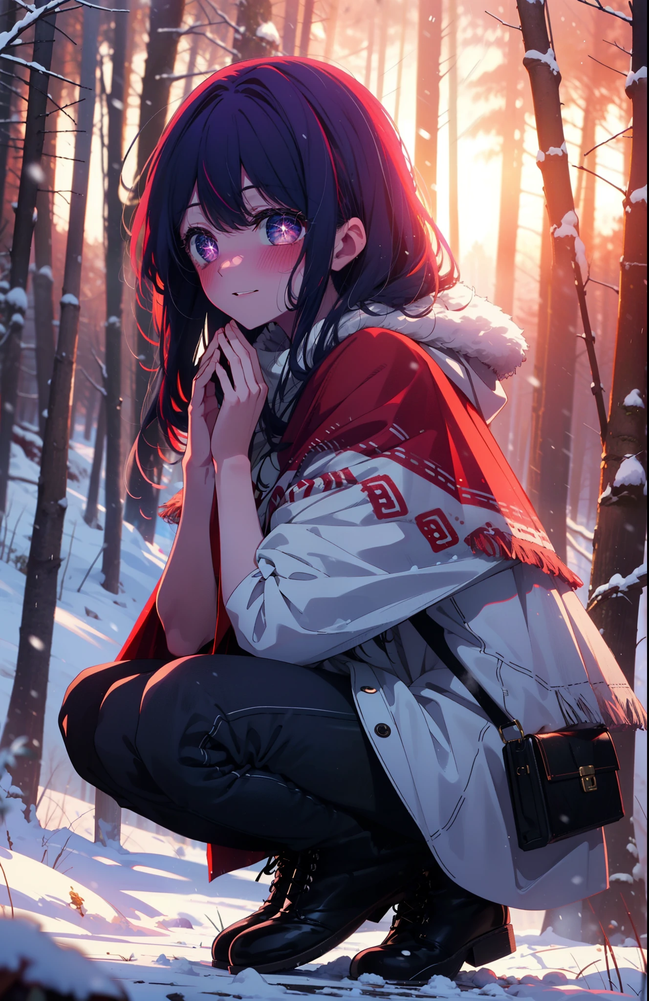 aihoshino, Ai Hoshino, Long Hair, bangs, (Purple eyes:1.1), Purple Hair, (Symbol-shaped pupil:1.5), smile,,smile,blush,white breath,
Open your mouth,snow,Ground bonfire, Outdoor, boots, snowing, From the side, wood, suitcase, Cape, Blurred, , forest, White handbag, nature,  Squat, Mouth closed, Cape, winter, Written boundary depth, Black shoes, red Cape break looking at viewer, Upper Body, whole body, break Outdoor, forest, nature, break (masterpiece:1.2), Highest quality, High resolution, unity 8k wallpaper, (shape:0.8), (Beautiful and beautiful eyes:1.6), Highly detailed face, Perfect lighting, Highly detailed CG, (Perfect hands, Perfect Anatomy),