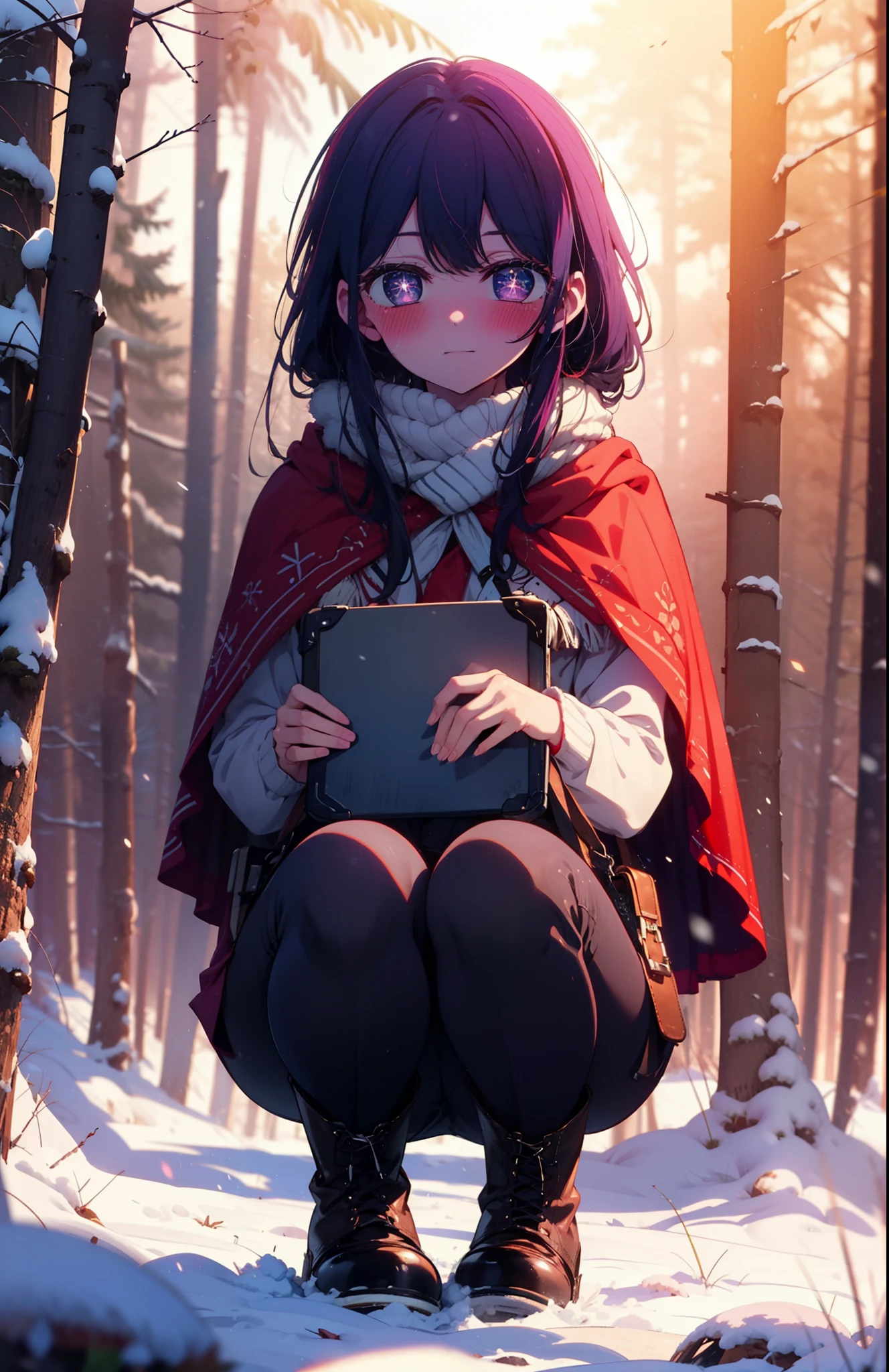 aihoshino, Ai Hoshino, Long Hair, bangs, (Purple eyes:1.1), Purple Hair, (Symbol-shaped pupil:1.5), smile,,smile,blush,white breath,
Open your mouth,snow,Ground bonfire, Outdoor, boots, snowing, From the side, wood, suitcase, Cape, Blurred, , forest, White handbag, nature, Squat, Mouth closed, Cape, winter, Written boundary depth, Black shoes, red Cape break looking at viewer, Upper Body, whole body, break Outdoor, forest, nature, break (masterpiece:1.2), Highest quality, High resolution, unity 8k wallpaper, (shape:0.8), (Beautiful and beautiful eyes:1.6), Highly detailed face, Perfect lighting, Highly detailed CG, (Perfect hands, Perfect Anatomy),