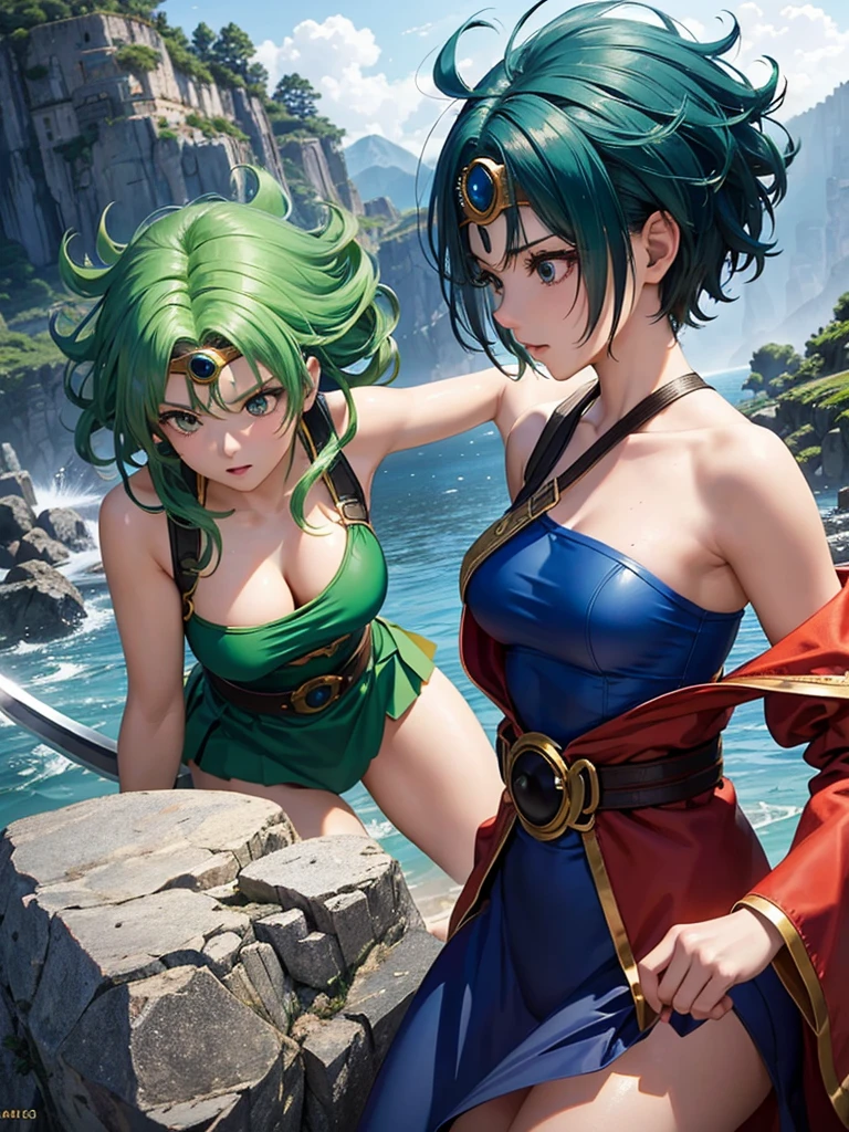A Beautiful detailed girl with green wavey hair in Yamato Nadeshiko style, Break,short haircut, wearing blue leotard, Break,off-shoulder, black pareo skirt, Break,red cloak, Break,circlet, wielding evil sword, fantasy Dragon Quest inspired scene , highest quality, 8K, highly detailed faces and bodies, masterpiece, high quality, realistic,photorealistic, detailed description, vibrant colors, studio lighting, physically based rendering