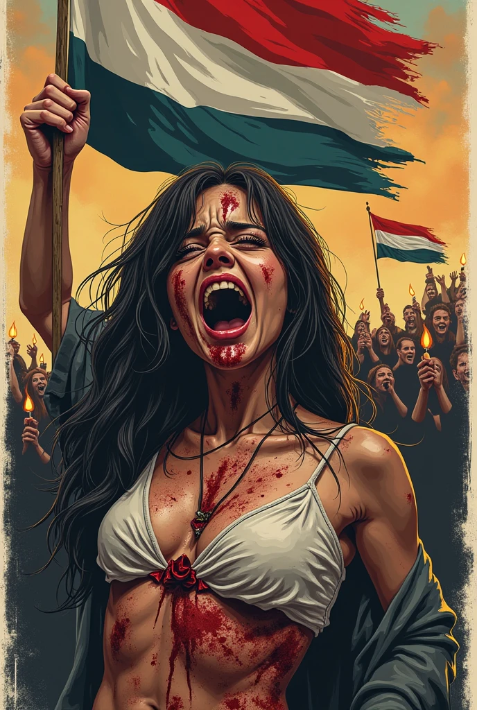 A beautiful naked female warrior，Fight to the death with a beast，Blood splattered at the scene，There were a large number of people waving flags and shouting around