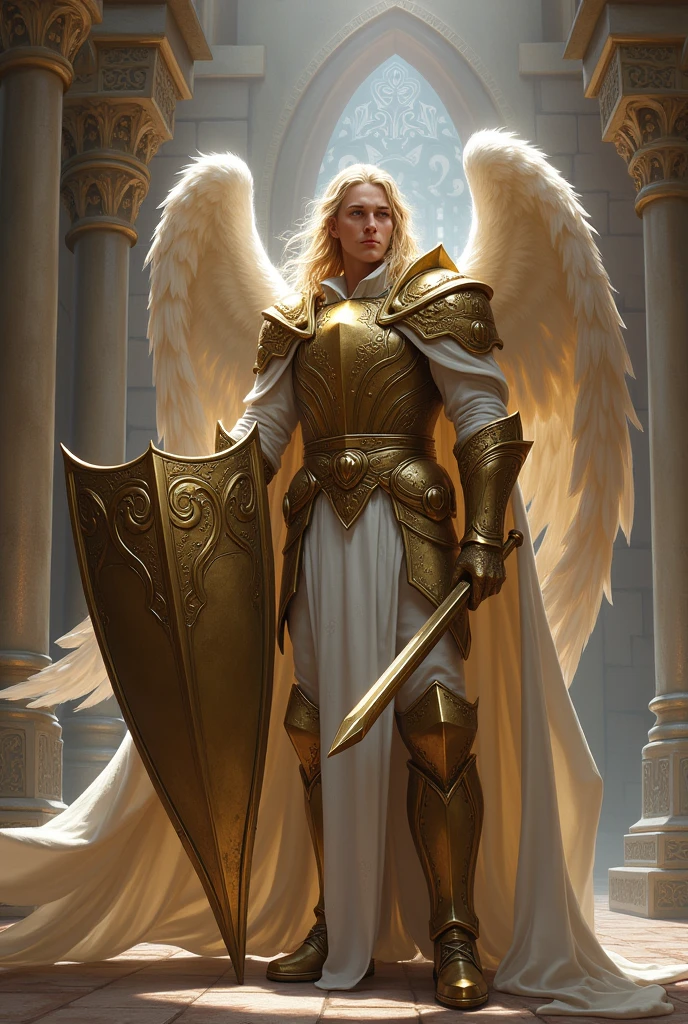 Aasimar, paladin, noble son, duke descendant, military general, half angel, flowing blonde hair, male, half angel with folded wings, left hand holding towering shield, right hand holding holy flail.