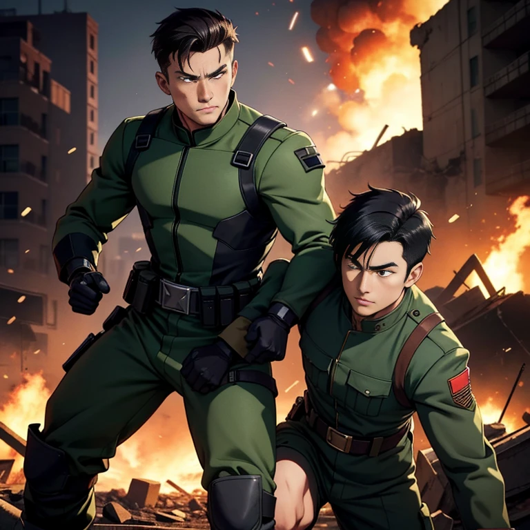 anime、Zeon Army soldiers、30 years old,One Man,、Dark green military uniform、Shocker Belt、Black gloves、Brown boots、With a handgun on his hip、City of Rubble、Surrounding explosions and blast waves logic, ,Black Hair。Pretty short and even shorter short hair、Handsome soldier Asian Face The crotch area of my pants is bulging Fighting a man in a black full-body suit