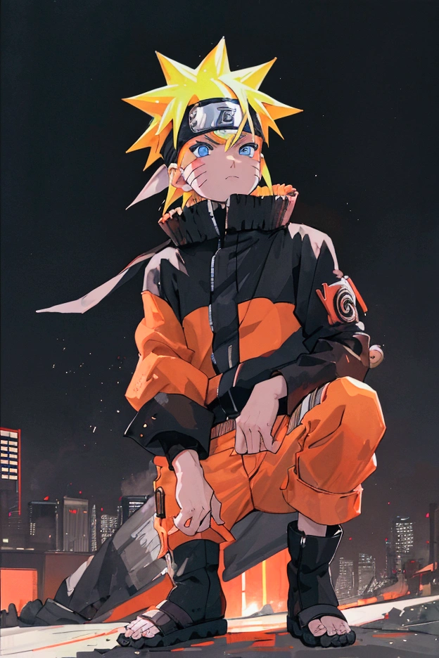 portrait, neon, 1 boy, shonen style, spiky blonde hair, scratches on cheeks, black and red clothing, orange coat, black pants, boots, street style, bandana with leaf symbol, perfect eyes, cool, blue eyes, full body, color --name Naruto Uzumaki --night background city with futuristic buildings and holograms