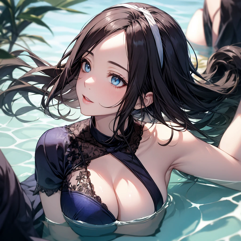 (Biologically correct limb count)、Full body, including face、4K、masterpiece、Focus on the face、Well-proportioned facial features、Delicate descriptive eyes、One beautiful woman、Excellent style、(head band、Gothicta、Blue clothes、High heels)、(Close-up photo of the upper body)、look up、Looking into the camera、Floating on the surface of the water facing upwards、Lie、lie down