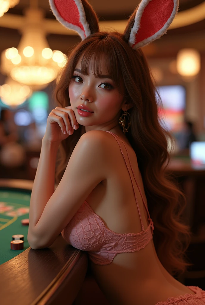 low angle shot:1.9, beautiful young bunny girl leaning on elbow on table, highly detailed and intricate bunny girl costume, exquisitely detailed back, beautifully toned and exquisitely detailed hamstrings, flowing chestnut hair, beautifully detailed face and body, beautiful detailed eyes, beautiful detailed lips, smiling, high quality, photorealistic, 8k, sharp focus, physically-based rendering, vivid colors, in casino interior