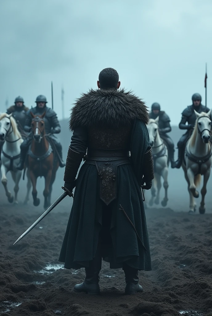 Generate a scene inspired by the Battle of the Bastards from Game of Thrones. Depict a lone warrior, similar to Jon Snow, standing resolutely with his back to the viewer. He holds a sword in his hand, facing an oncoming cavalry charge. The warrior stands on a muddy battlefield, with a cold, overcast sky overhead. The cavalry soldiers are charging towards him on white horses, their armor shining dimly in the muted light. The overall color scheme should reflect the grim and intense atmosphere, with dark, muted blues and grays dominating the scene.