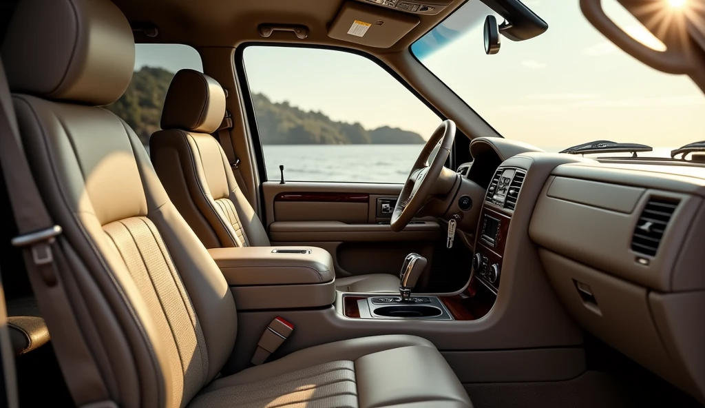 Genere plusieurs images avec différents anglais de vision (en PIP) de differents vue Interiure lincoln  navigator 2004 avec sieges beiges et détails de double  coutures gros fils  et rouge bordeaux. Côté avant conducteur 