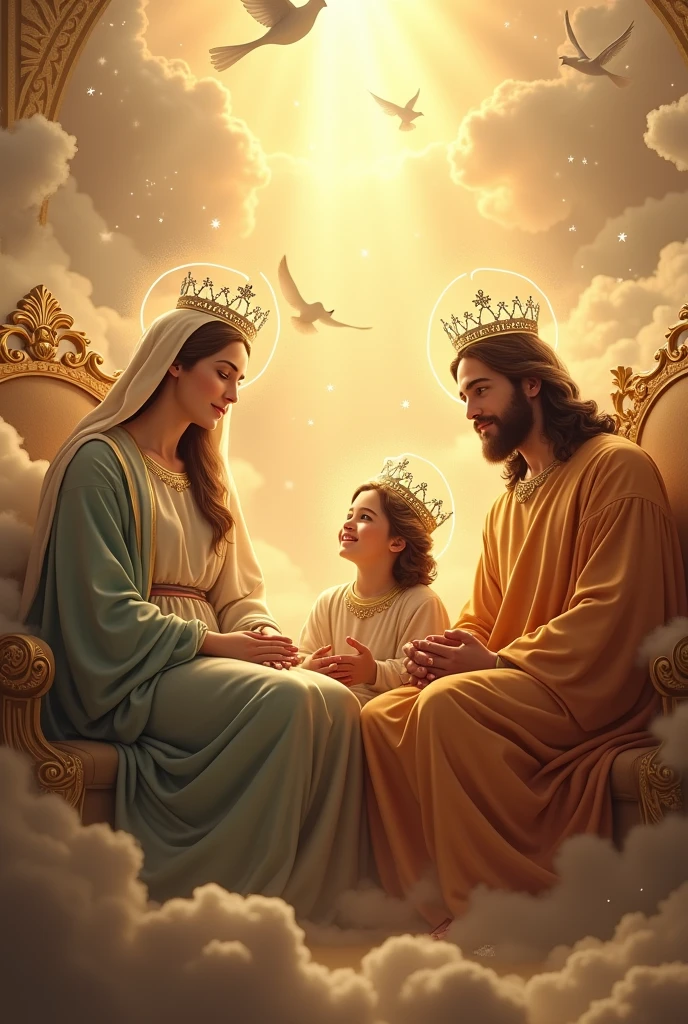 (photorealism:1.2), beautiful virgin Mary, handsome Jesus Christ and handsome 7 years old teen Jesus, sitting in the throne each of them in the kingdom of god that full of clouds, the light of their crowns and hearts spreading all over, wearing the yellow color of a king, queen and prince, the crown of lights, real beautiful faces, real nice hair, real face, real image, heaven outdoors that full of clouds, brighter lighting, five fingers, clouds and many doves in the background, elegant clothes, stars and sunlight, beautiful heaven of paradise, relaxed pose, realistic, intricate details, bright and warm colors, 