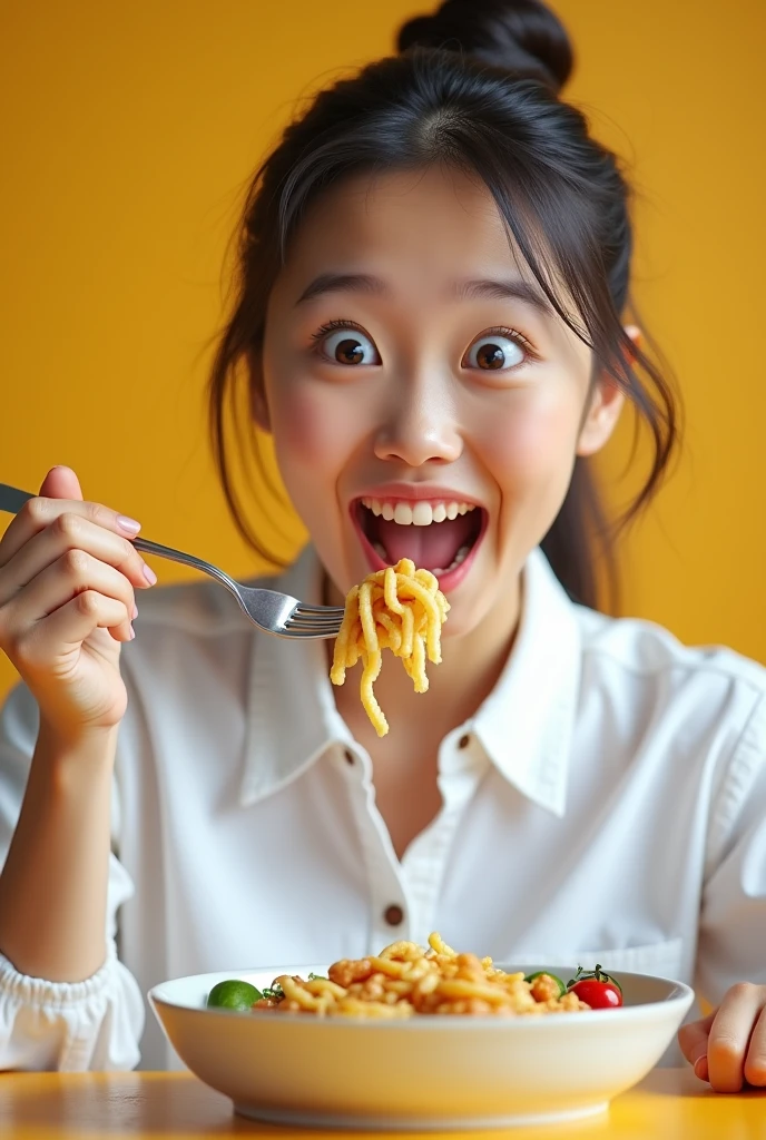 an asian girl getting to eat keto food, wearing white shirt, and looks amazed and very happy, she is using big giant fork