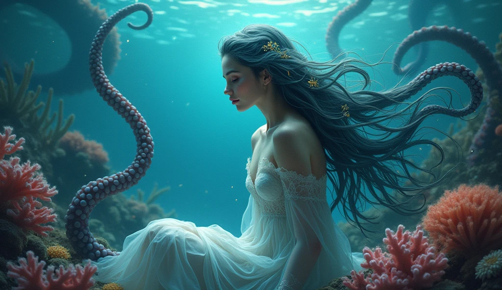 Girl full body, long hair, deep sea, sitting on coral, giant octopus legs in background, octopus legs entangled in curly hair