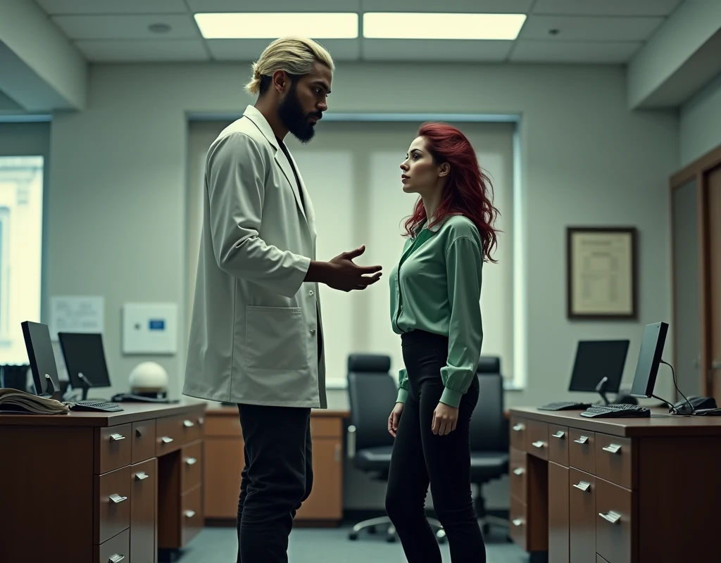 Extremely tall attractive young man with short platinum blond wavy swept-back hair, dark skin, long black stubble, Arabic-Egyptian features, white lab coat over a black t-shirt, black cargo pants and black boots, standing behind office desk gesturing to take a seat to a far far shorter young woman vibrant maroon side-parted medium-length wavy hair, very pale skin, soft green silk work blouse, low-rise black pants and black boots. Photorealistic, cinematic.