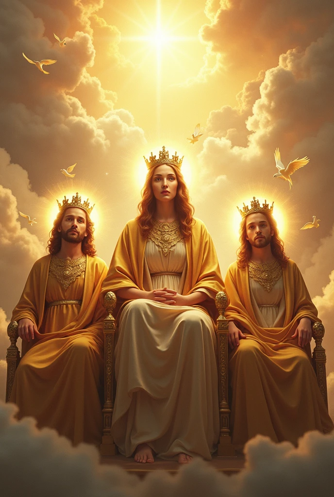 (photorealism:1.2), beautiful virgin Mary, handsome Jesus Christ and handsome 7 years old teen Jesus, sitting in the throne each of them in the kingdom of god that full of clouds, the light of their crowns and hearts spreading all over, wearing the yellow color of a king, queen and prince, the crown of lights, real beautiful faces, real nice hair, real face, real image, heaven outdoors that full of clouds, brighter lighting, five fingers, clouds and many doves in the background, elegant clothes, stars and sunlight, beautiful heaven of paradise, relaxed pose, realistic, intricate details, bright and warm colors,