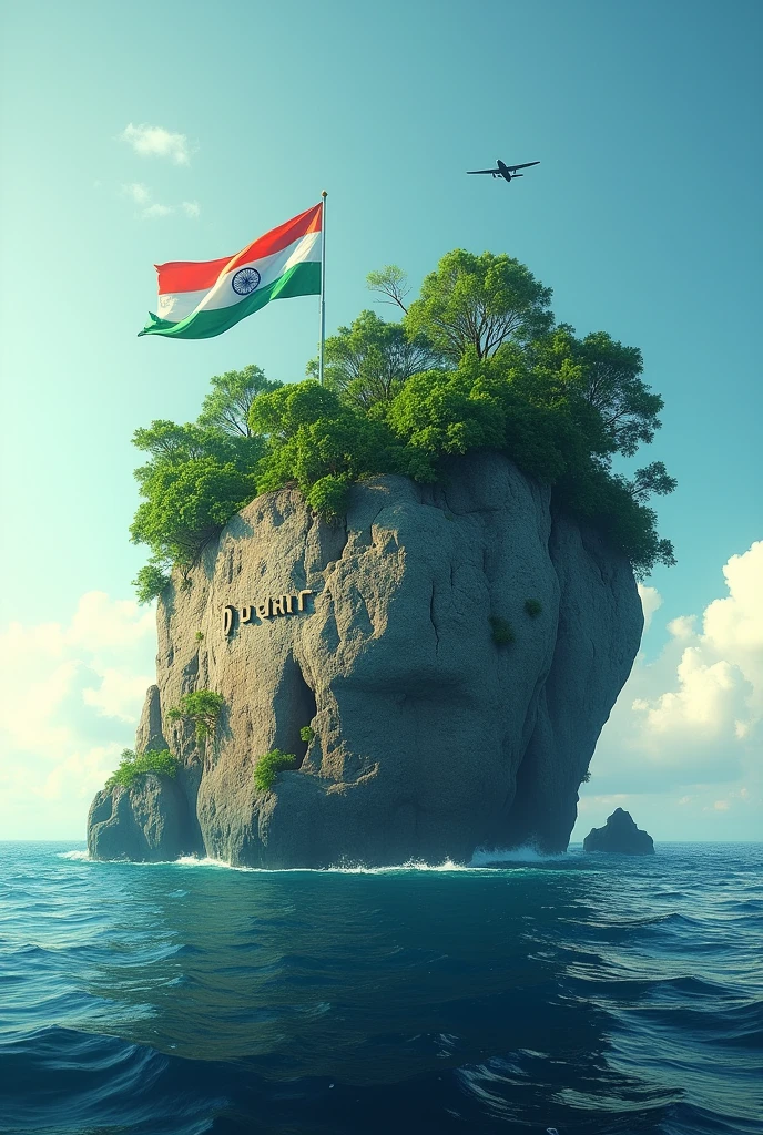 An image of an old rock in the middle of the sea with a forest wrapped around it, Dulara written on it, the Indian flag fluttering and an airplane flying in the sky
