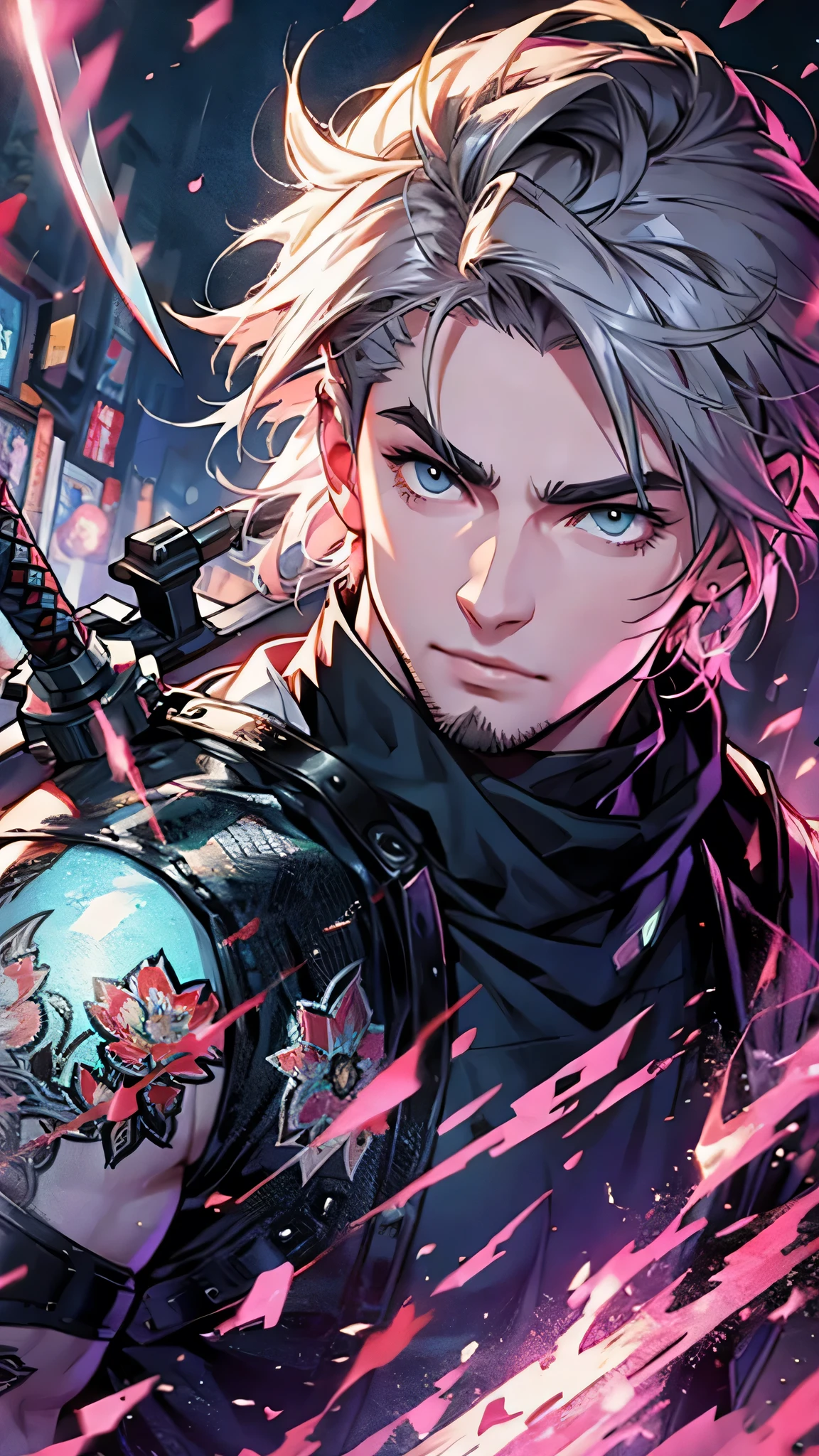 最high quality、Best image quality、masterpiece、male((18-year-old、slender、Stubble、Holding a sword、Ninja clothing))high quality、Beautiful art、background((Tokyo,Neon Town)),Tabletop、Exquisite design、Visual Arts、Written boundary depth、Best lighting、Highest detail、8k