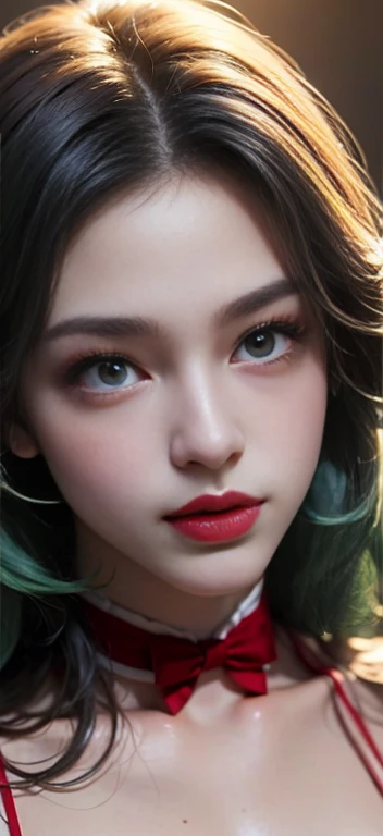 (masterpiece), (ultra high resolution), (extremely intricate), (exquisitely detailed), 1girl, (beautiful gorgeous persian woman), (F1.4, 1/800s, ISO 100, photorealistic), looking_at_breasts and from above, Evil queen, homewrecker,blue hair, crossed_legs, huge breasts, laugh,green eyeshadow makeup, dark red lips,((Wearing tight white shirt,black tight mini skirt,red bowtie,red string bikini thigh high stockings),(aroused_face:1.4),high quality, high quality, High resolution、black_mascara put in Long eyelashes:1.5, dark (eyesshadows:1.25), (Glossy) green_lips:1.24, [[blue_eyes]], (iridescent eyes), vibrant eyes:1.2, contrast, light shot:1.2, (seductive smile), ((makeup cheeks flushed)), white eyes,