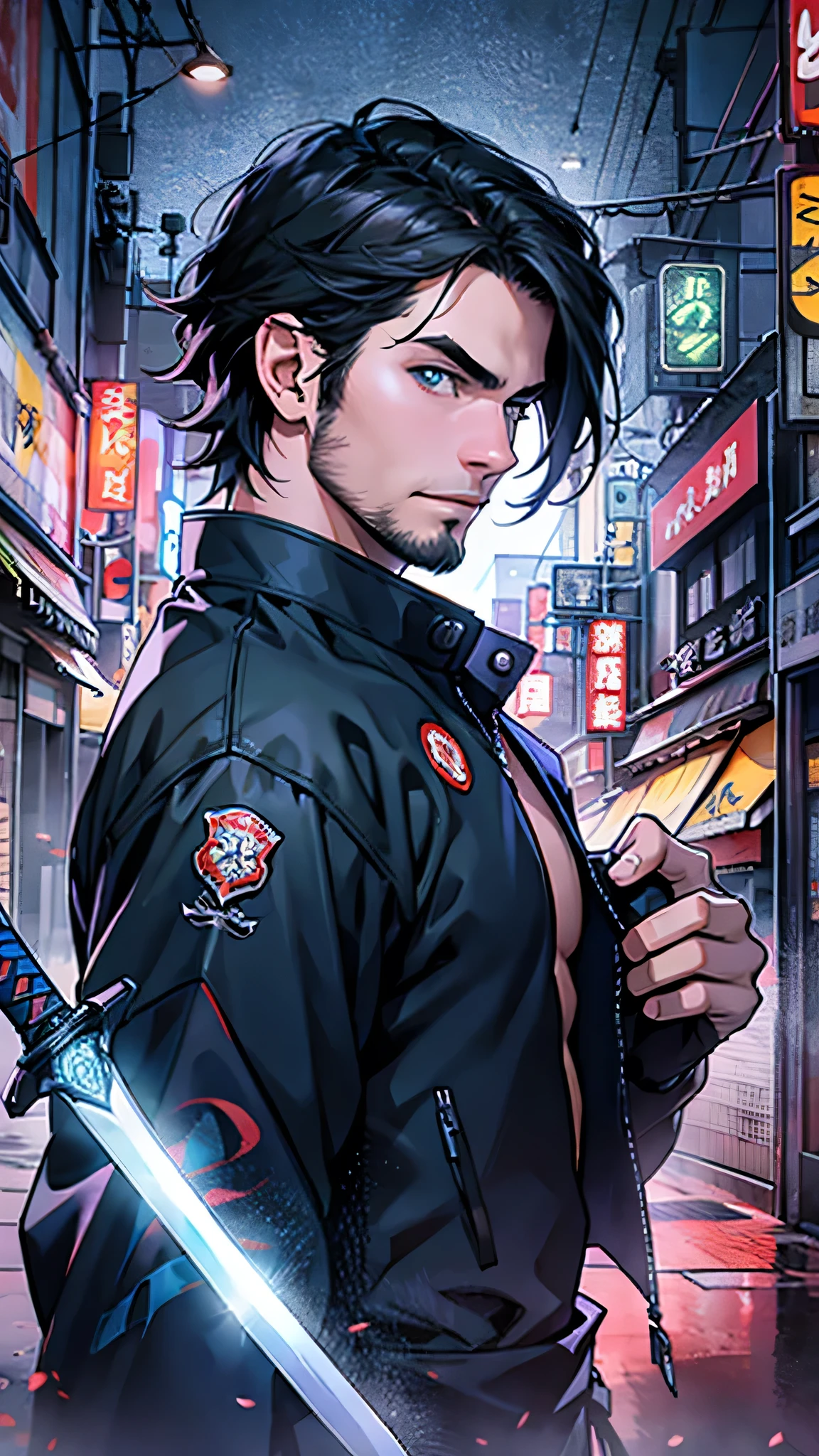 最high quality、Best image quality、masterpiece、male((18-year-old、slender、Stubble、Holding a sword、Ninja clothing))high quality、Beautiful art、background((Tokyo,Neon Town)),Tabletop、Exquisite design、Visual Arts、Written boundary depth、Best lighting、Highest detail、8k