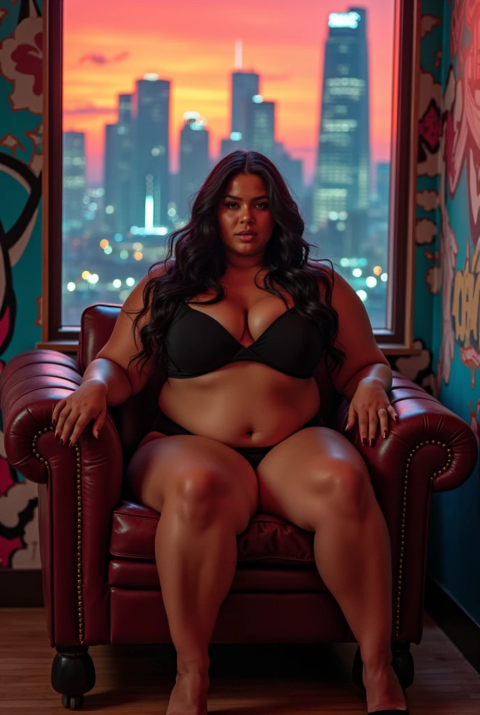araffes sitting on a chair with a view of a city, a stock photo by Randy Vargas, tumblr, graffiti, beautiful thick female, great view, lit from behind, gorgeous view, thick thigs, stunning view, pawg, curvy accentuated booty, latina, giant stunning goddess shot, thick body, big booty, stunning vista