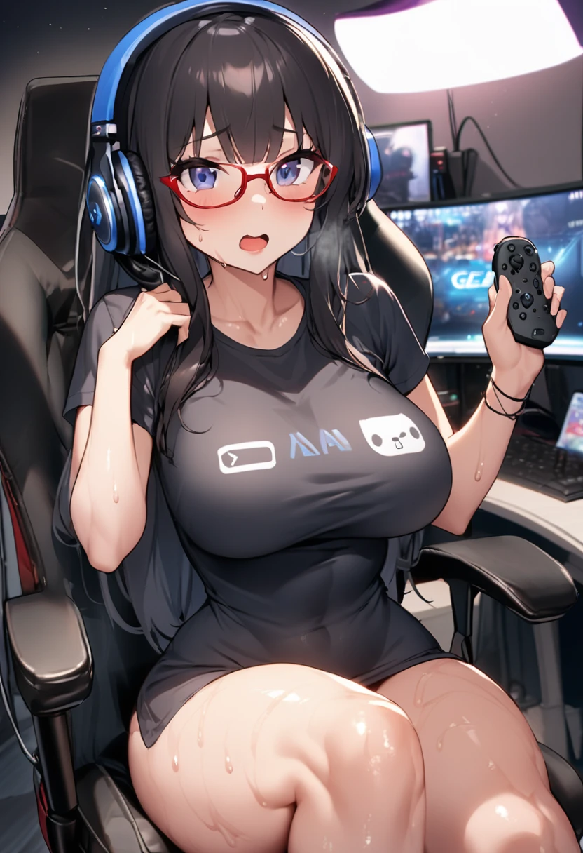 hot, sweating, sweaty, tan, big boobs, tan skin, flustered, blush, black clothes, see thru, yoga pants, black hair, sitting on gamerchair, gaming, playing games, sweat, sweat on boobs, gaming, playing games, controller, gaming, gaming headset, headset