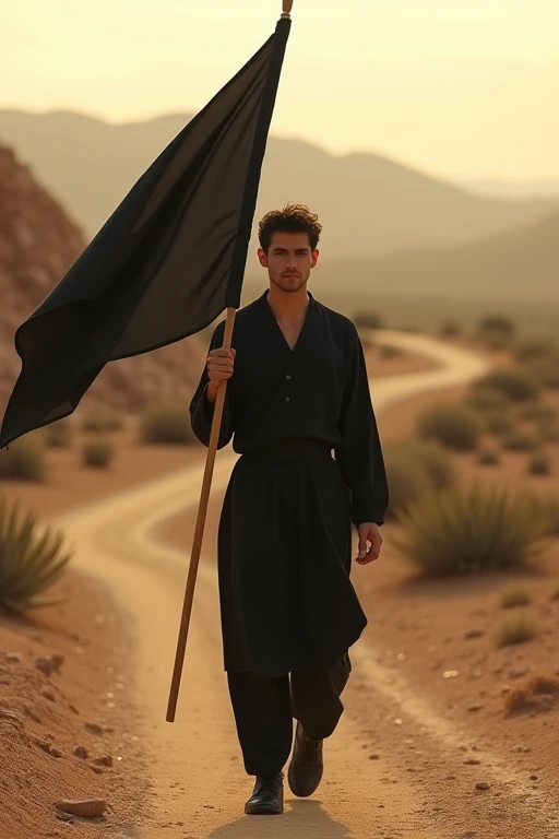 Create a realistic portrait photo with a warm cinematic perspective of a young man dressed in a modest black outfit. He is walking on a semi-desert path, looking ahead and carrying a black flag with no inscriptions.  