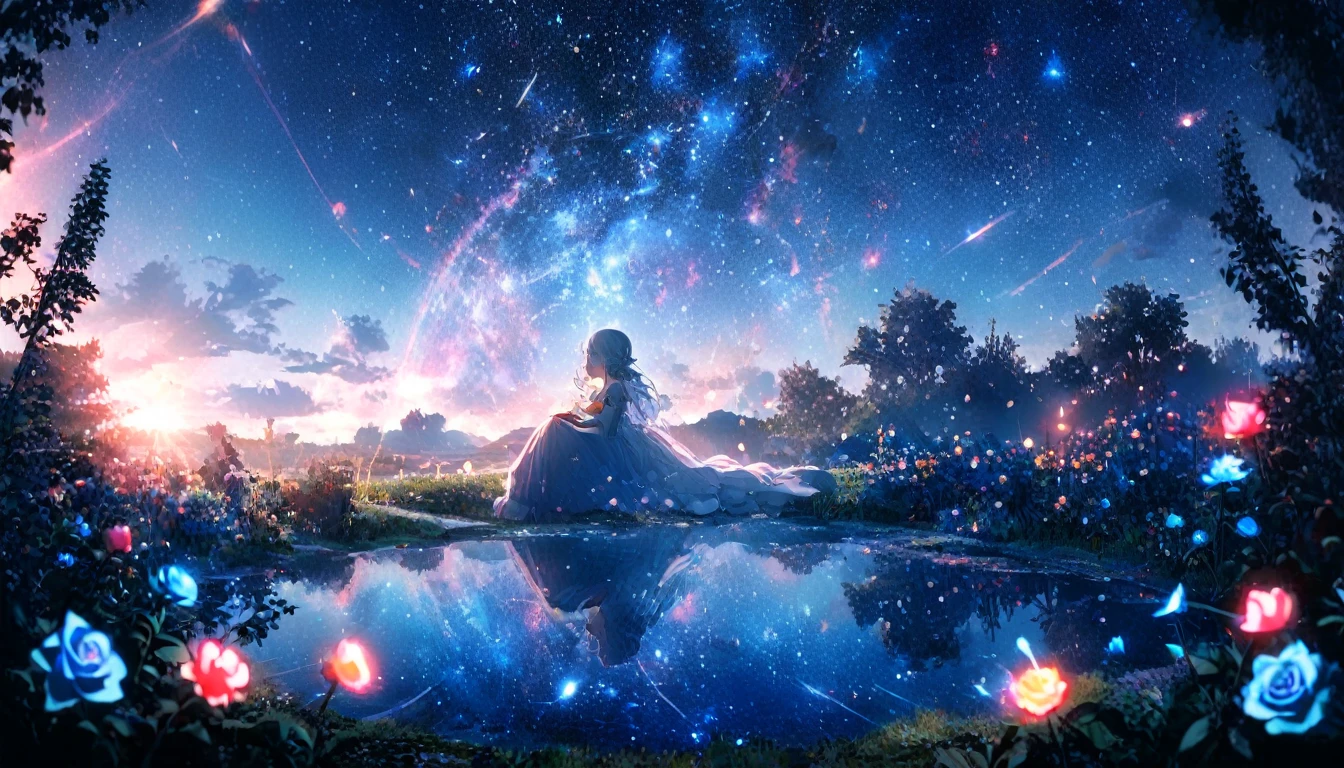 masterpiece, Concept Art, Panorama, in the center, shape, Wide Shot, garden, night, (meteor), Space galaxy background, (Great composition, Epic Scale), Dynamic Lighting, Bright colors, Blue rose,Landscape Long Eyelashes, Round eyes, Silver Hair, Half-closed eyes, sad, Cast a Shadow, Anaglyph, Stereogram, tachi-e, Atmospheric perspective, Wide Shot, reflected light, 8k, Super Detail, Highest quality, Anatomically correct