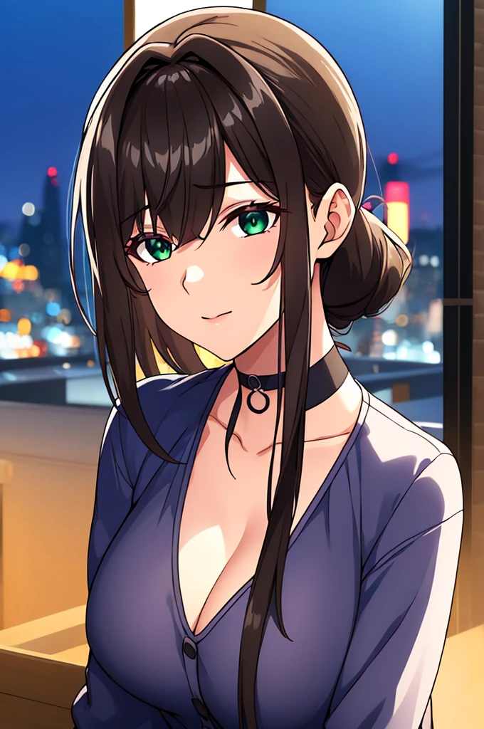 (night:1.7), Japan, cyber punk, City View, In front of the window,Wooden floor,
Stand in an upright and immobile position,
Blue jacket, Grey Shirt, clavicle, Deep valley, Black choker,
jewelry,gem,bangs, Brown Hair, Green Eyes, Braiding,Long Hair, Low Ponytail, A bow tie,hair ornaments, Hair Clip,
1 person, 20-year-old,young woman,beautiful Finger,beautiful long legs,beautiful body,beautiful Nose,beautiful character design, Perfect Eyes, perfect face,Expressive eyes,
View your viewers, Center the image,(upper_body),(Focus on her face),
Official Art,Very detailed CG ユニティ 8k 壁紙, Perfect lighting,colorful, bright_front_face_Lighting,Glowing Skin,
(masterpiece:1.0),(Highest_quality:1.0), 超High resolution,4K,Very detailed,
photograph, 8k, High resolution, High resolution, Absurd:1.2, 400 for Kodak Port, Film Grain, Blurred Background, Bokeh:1.2, Lens flare, (Vibrant_color:1.2)
(beautiful,chest), (beautiful_face:1.5),(narrow_Waist),