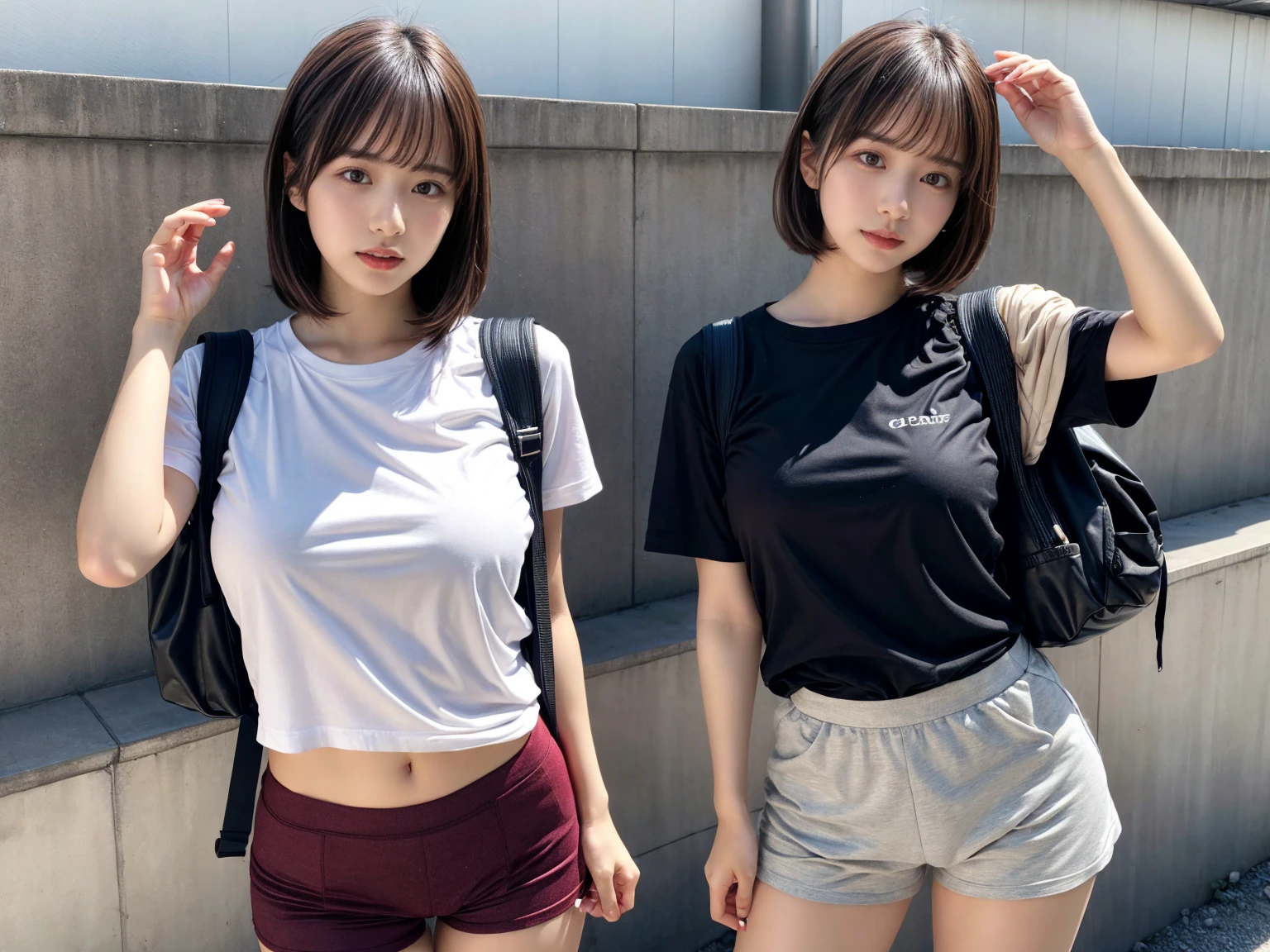 masterpiece, best quality, illustration, Super detailed, fine details, High resolution, 8K,wall paper, perfect dynamic composition,(Details High quality, realistic depiction of eyes:1.3), (2 girls), oversized sport shirt, shorts women, small backpack, short bob hair, black hair color, Big Natural Color Lip, sexy pose, crying a little、Harajuku style、20 year old girl、cute type、ta, hposing Gravure Idol, full body photo、focus on crotch, (huge breasts)