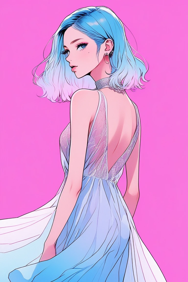 Illustrator, anime , Realistic ,sketch , 1 person, model, Age 25, lip, Sheer chiffon dress, order, Blue gradient background, Neon Hair, look back, Sexy look, Texture Trim, Canadian, (masterpiece,Highest quality) Cancer