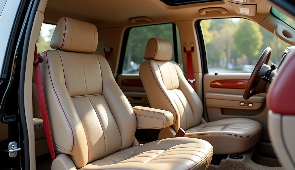 Genere plusieurs images avec différents anglais de vision (en PIP) de differents vue Interiure lincoln  navigator 2004 avec sieges beiges et détails de double  coutures gros fils  et rouge bordeaux. Côté avant conducteur détails rouge