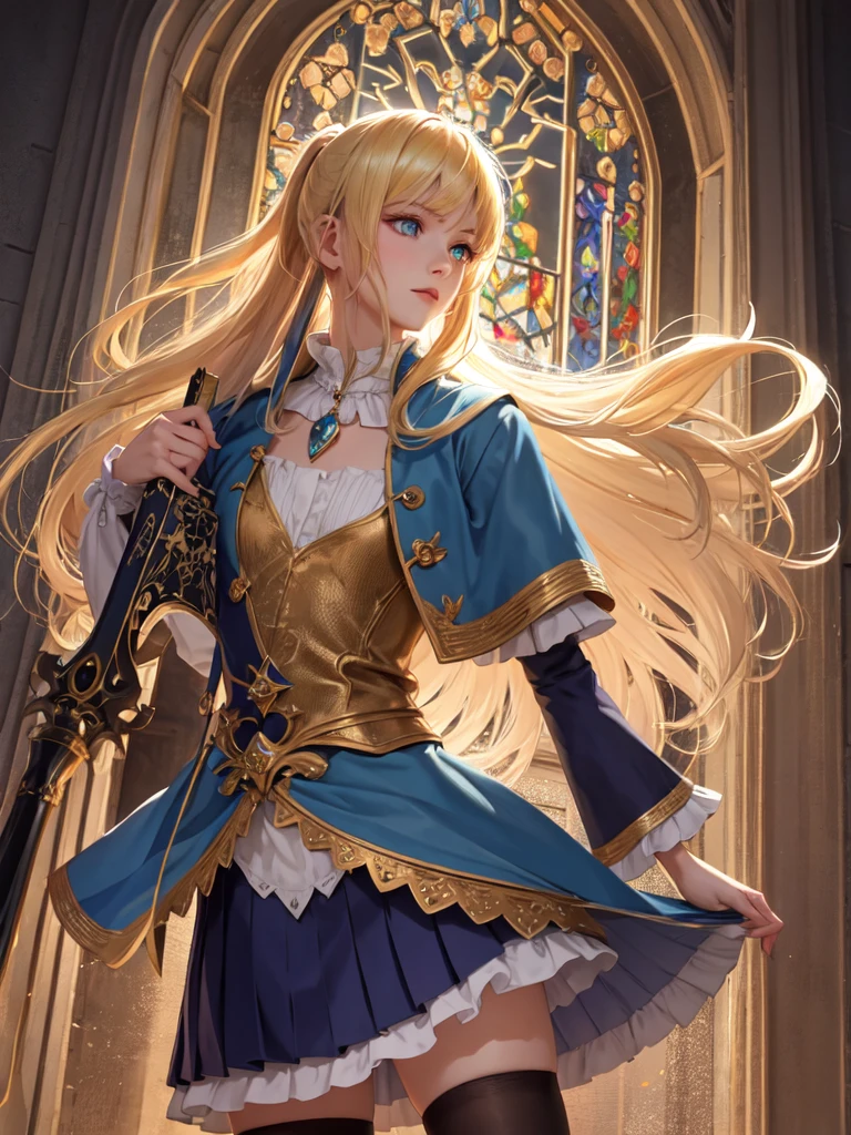 (Ultra extreme detailed),(Masterpiece),(Ultra extreme),(Realistic),CG,(color:1.2), Strong lighting,Light from behind,evaluation:Safety,A blonde person alone, color,Blonde ponytail,Green Eyes,水color shrite,short_Magic Robe Costume、、Gemstone pendant、Tights Knee Socks、is emitting thunder、Magical girl、Magic wand、Book、Castle Background