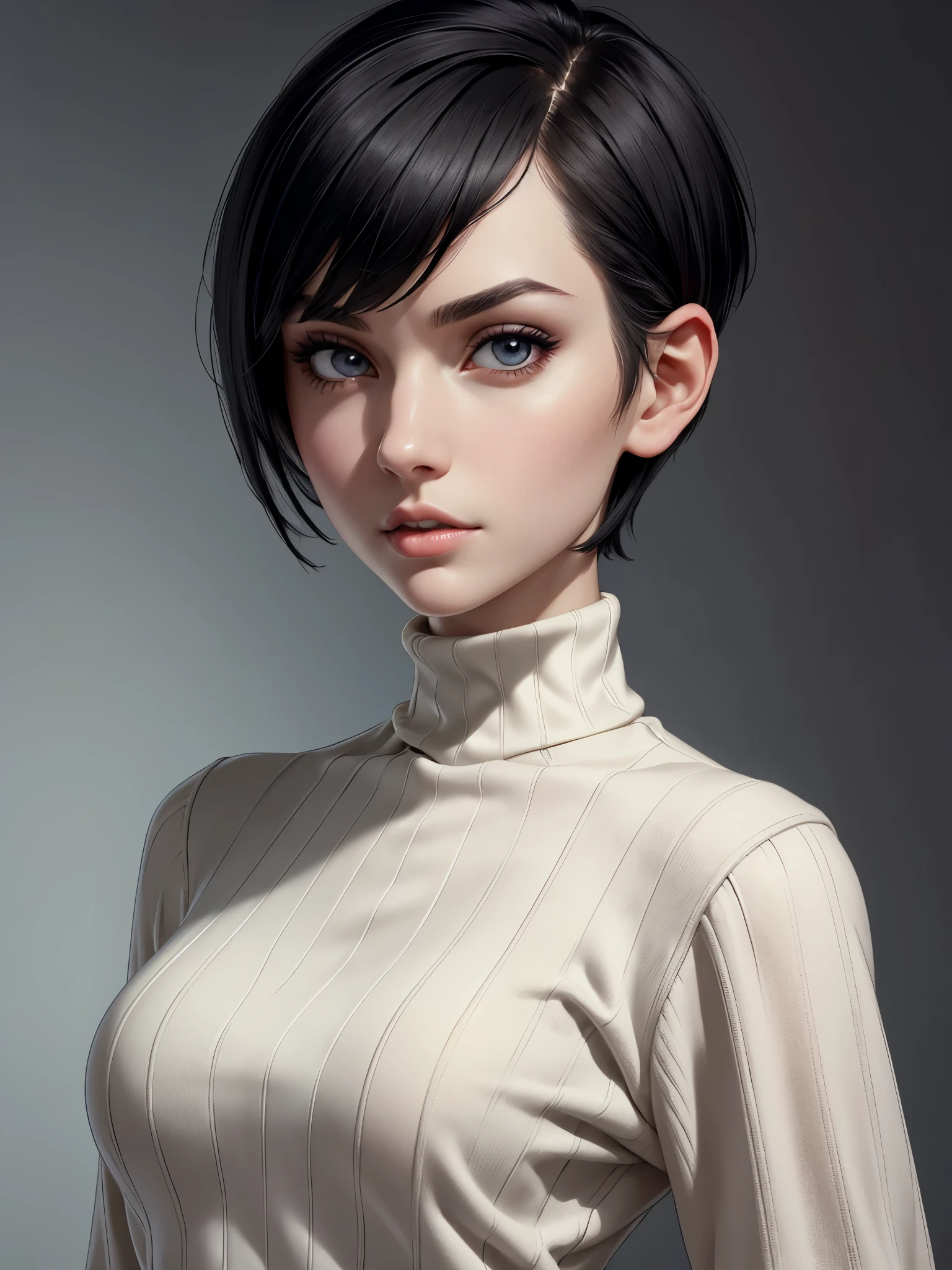 (best quality), 1girl, female, pale skin, (black hair), short hair, pixie cut, straight hair, grey eyes, perfect eyes, turtleneck sweater, stylish, elegant, serious, normal bust, masterpiece, anatomically correct, highres