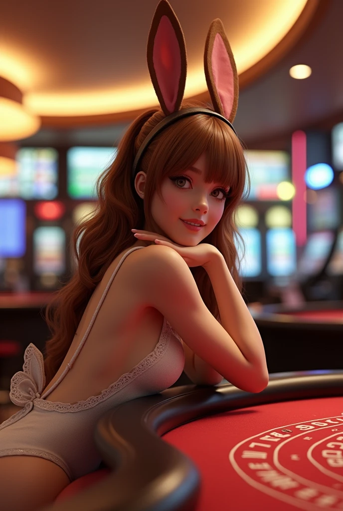 low angle back shot:1.9, beautiful young bunny girl leaning on elbow on table, highly detailed and intricate bunny girl costume, exquisitely detailed back, beautifully toned and exquisitely detailed hamstrings, flowing chestnut hair, beautifully detailed face and body, beautiful detailed eyes, beautiful detailed lips, smiling, high quality, photorealistic, 8k, sharp focus, physically-based rendering, vivid colors, in casino interior