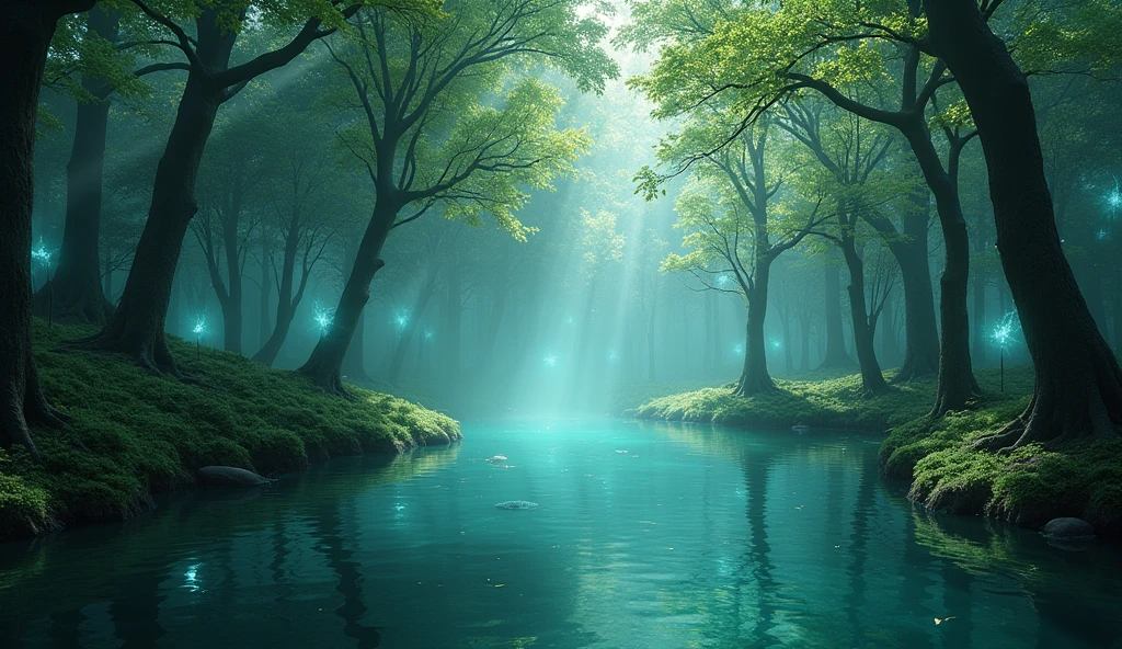 (light magic:1.2), (dark:1.1) forest, spring, (intricate details), mirrors,(Ultra-detailed), 8k hdr, high details, many fine details, high quality,Tyndall effect, (a lake the color of:1.3)