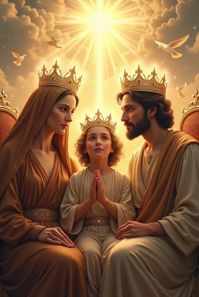 (photorealism:1.2), beautiful virgin Mary, handsome Jesus Christ and handsome 7  Jesus, sitting in the throne each of them in the kingdom of god that full of clouds, the light of their crowns and hearts spreading all over, wearing the brown color of a king, queen and prince, the crown of lights, real beautiful faces, real nice hair, real face, real image, heaven outdoors that full of clouds, brighter lighting, five fingers, clouds and many doves in the background, elegant clothes, stars and sunlight, beautiful heaven of paradise, relaxed pose, realistic, intricate details, bright and warm colors, 