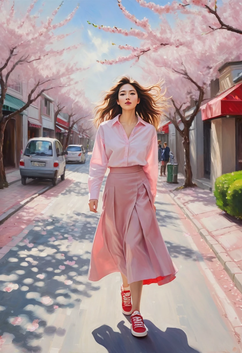 A deep stroke oil painting of A diagonal shot of a pretty woman in a pastel pink slightly unbuttoned shirt and shirt wide skirt and red sneakers walking through a cherry blossom-lined street. Her hair is blowing in the wind, and she looks up at the sky with a dreamy expression.