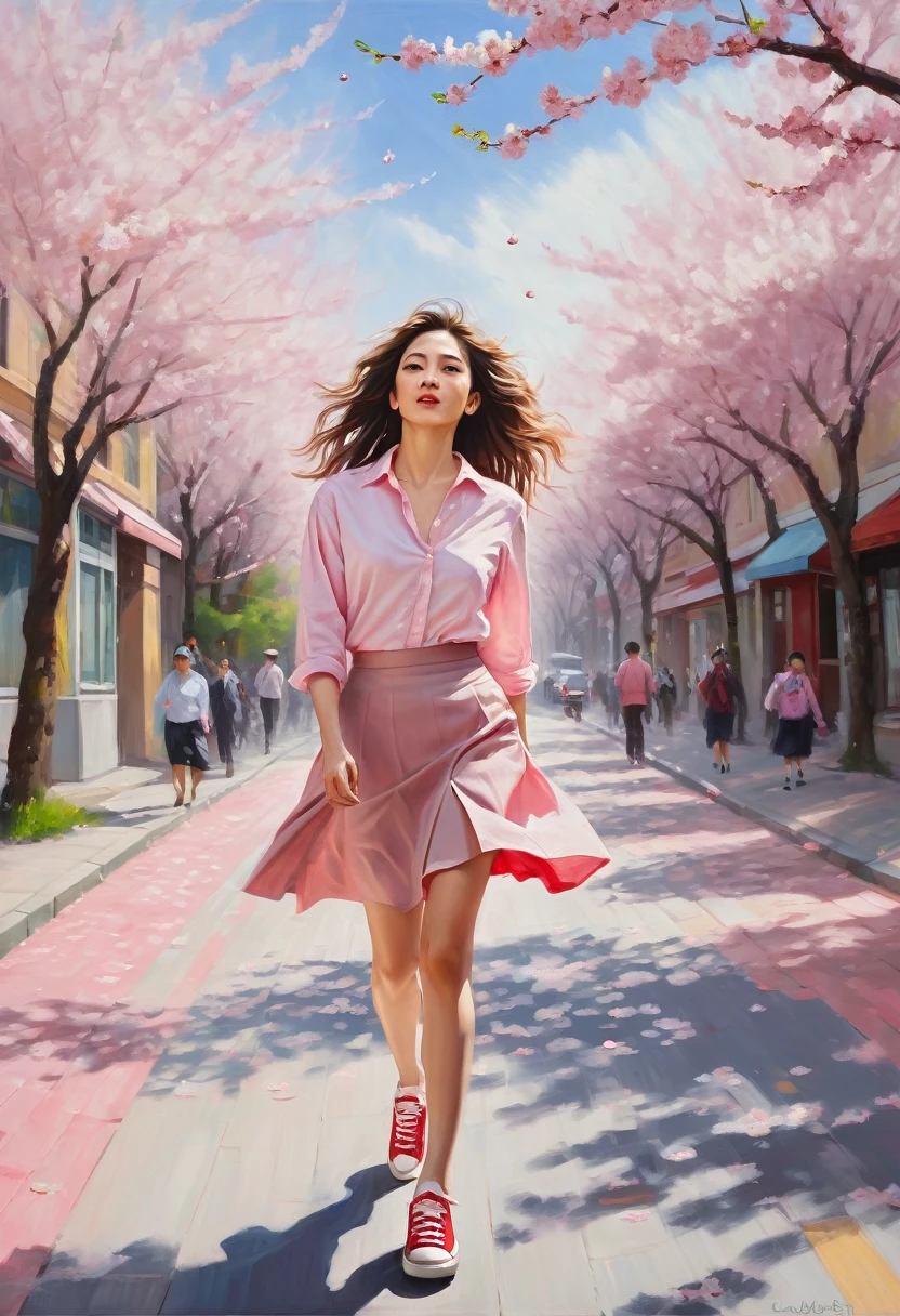 A deep stroke oil painting of A diagonal shot of a pretty woman in a pastel pink slightly unbuttoned shirt and shirt wide skirt and red sneakers walking through a cherry blossom-lined street. Her hair is blowing in the wind, and she looks up at the sky with a dreamy expression.