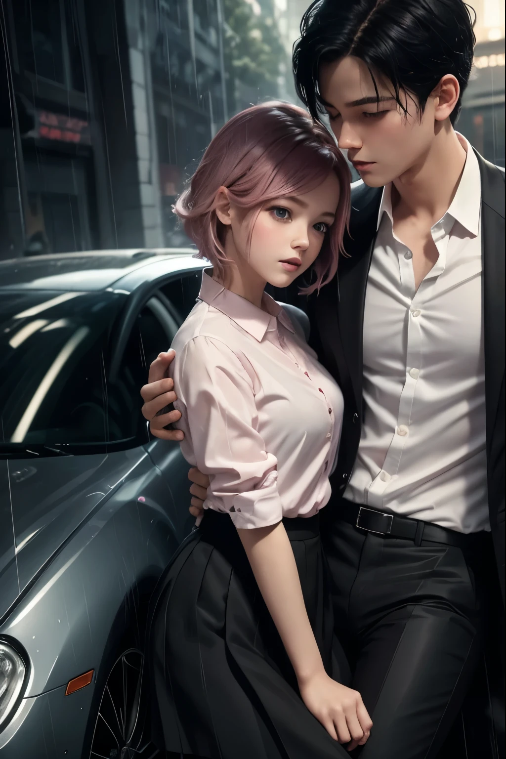 Masterpiece, best quality, super detailed, illustration, beautiful detailed eyes, close up, with a boy and a girl. It was pink hair, white pleated shirt, cracked button on the chest, skirt. The boy is black hair, black suit, black pants. Boys and girls kissing in car, heavy rain weather