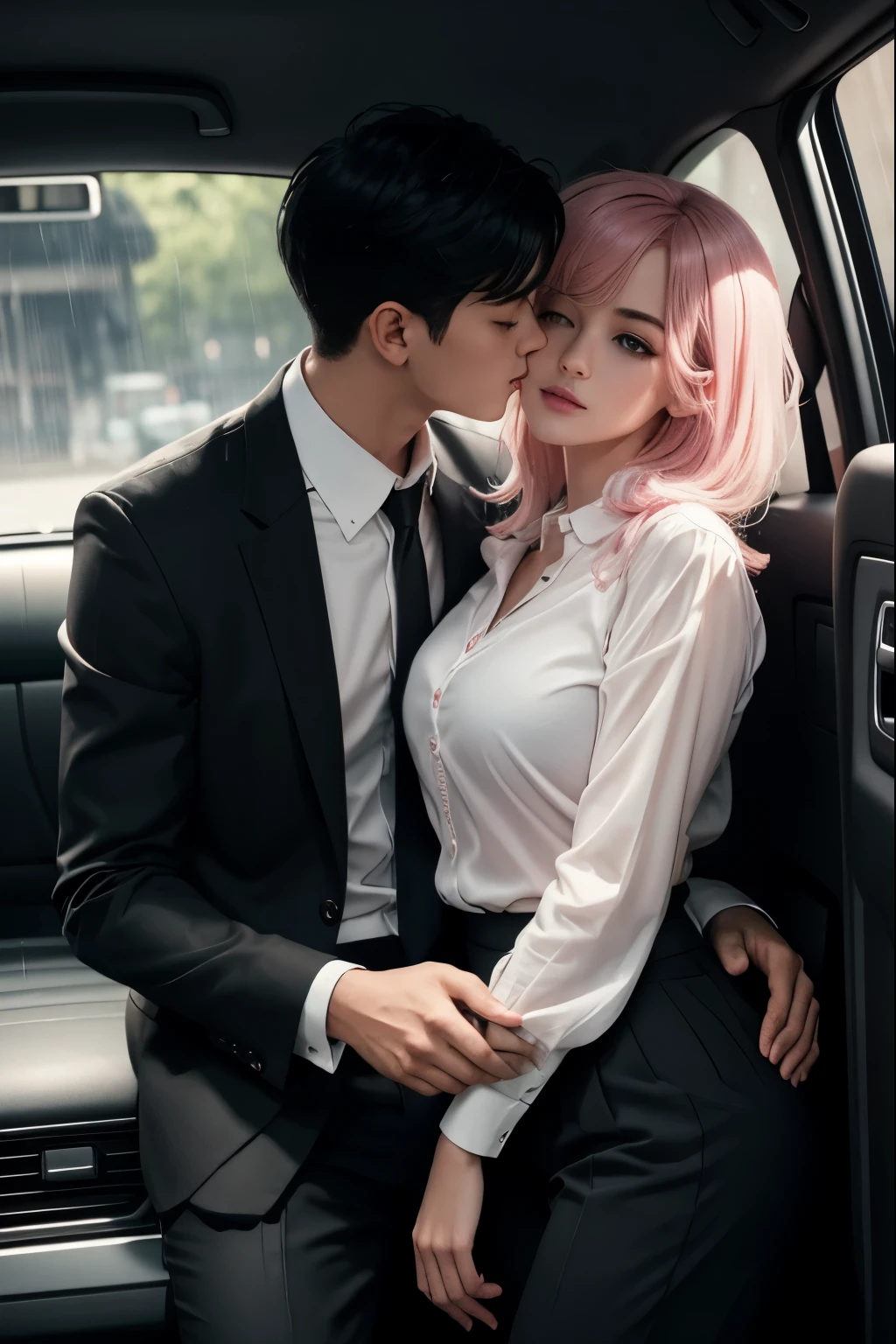 Masterpiece, best quality, super detailed, illustration, beautiful detailed eyes, close up, with a boy and a girl. It was pink hair, white pleated shirt, cracked button on the chest, skirt. The boy is black hair, black suit, black pants. Boys and girls kissing in car, heavy rain weather