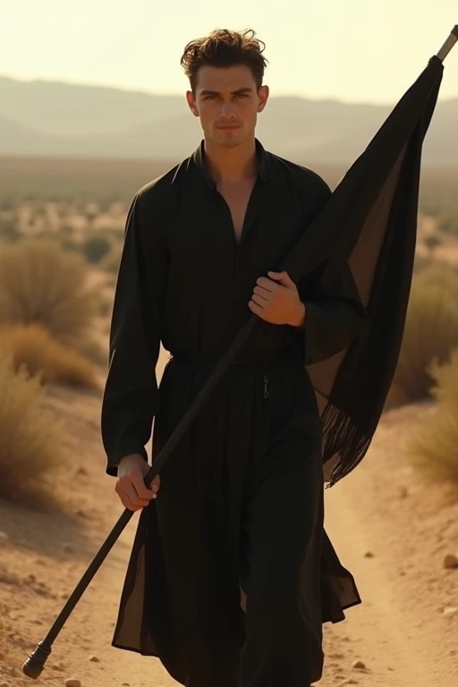 Create a realistic portrait photo with a warm cinematic perspective of a young man dressed in a modest black outfit. He is walking on a semi-desert path, looking ahead and carrying a black flag with no inscriptions.  