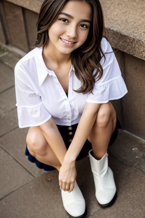 fine art portrait of a 15yo girl whit big breast big  jumbo breast standing feeling broken and down, symmetrical face, symmetrical eyes,long boots smiling tempting long legs view from above spread legs wild legs open legs, , low anglel view, white shirt with buttons and skirt