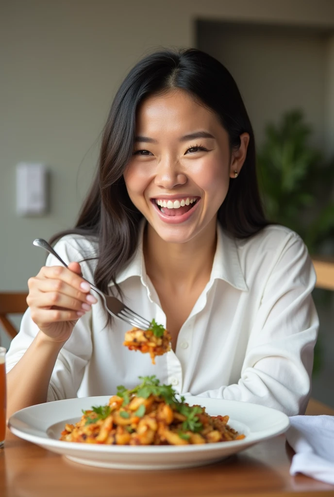 an asian girl getting to eat keto food, wearing white shirt, and looks amazed and very happy, no foods on her fork