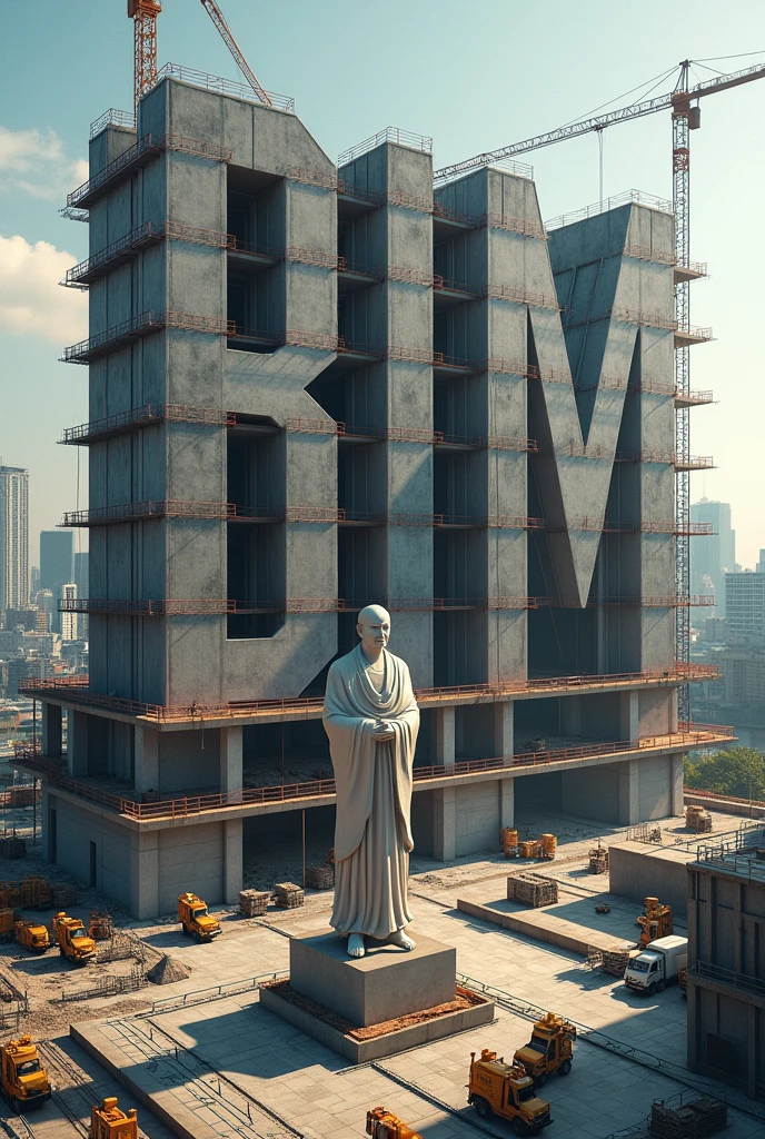 Draw a picture of a building under construction, viewed from above, so that the building itself forms the letters BIM. Please include a statue of Luang Phor Than Jai.