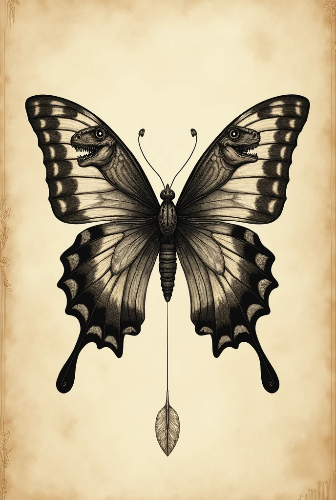 The drawing of a butterfly that on its wings looks different, on one side a dinosaur and on the other a person, all this as a traditional drawing.