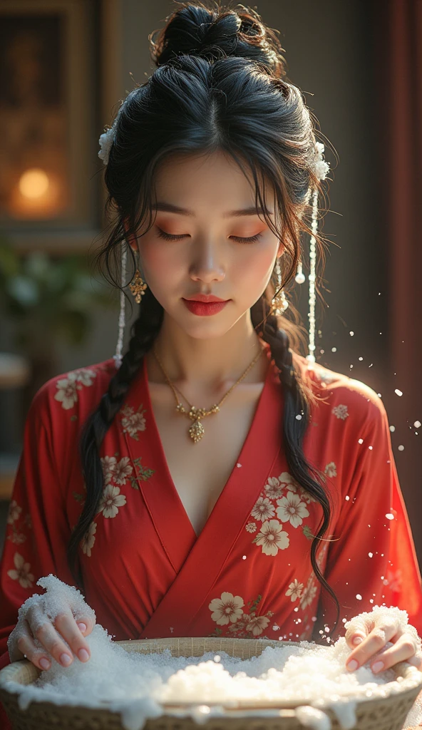 Create an Asian beauty,Red printed traditional cheongsam,Now on the ground,Scratching the scalp with both hands,Two hands washing hair on top of head,There is a lot of foam on the head,Foam wrap head,Realistic foam,The expression is happy,Real People,The characters are realistic and realistic,Ancient style room background,9:16 frames,Ultra HD painting