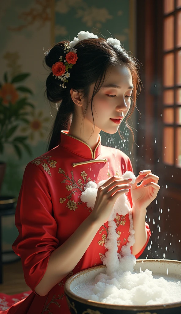 Create an Asian beauty,Red printed traditional cheongsam,Now on the ground,Scratching the scalp with both hands,Two hands washing hair on top of head,There is a lot of foam on the head,Foam wrap head,Realistic foam,The expression is happy,Real People,The characters are realistic and realistic,Ancient style room background,9:16 frames,Ultra HD painting