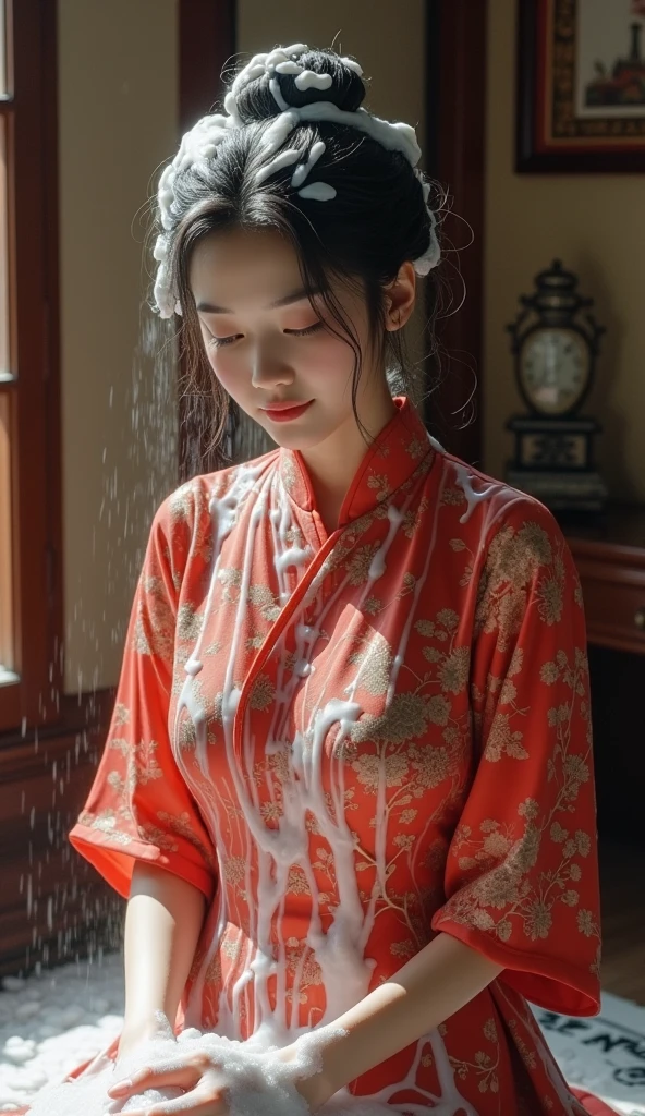 Create an Asian beauty,Red printed traditional cheongsam,Now on the ground,Scratching the scalp with both hands,Two hands washing hair on top of head,There is a lot of foam on the head,Foam wrap head,Realistic foam,The expression is happy,Real People,The characters are realistic and realistic,Ancient style room background,9:16 frames,Ultra HD painting