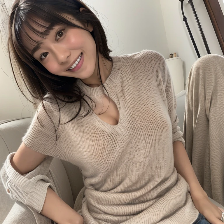 Masterpiece、8k、Very realistic、Japanese、One person、woman、Skinny athletic model body、Flat Chest、tall、Description:whole body、38 years old、(Hairstyle:Bangs(1.6))、In your room at home、The best smile、Relaxed clothing and poses for a day off、