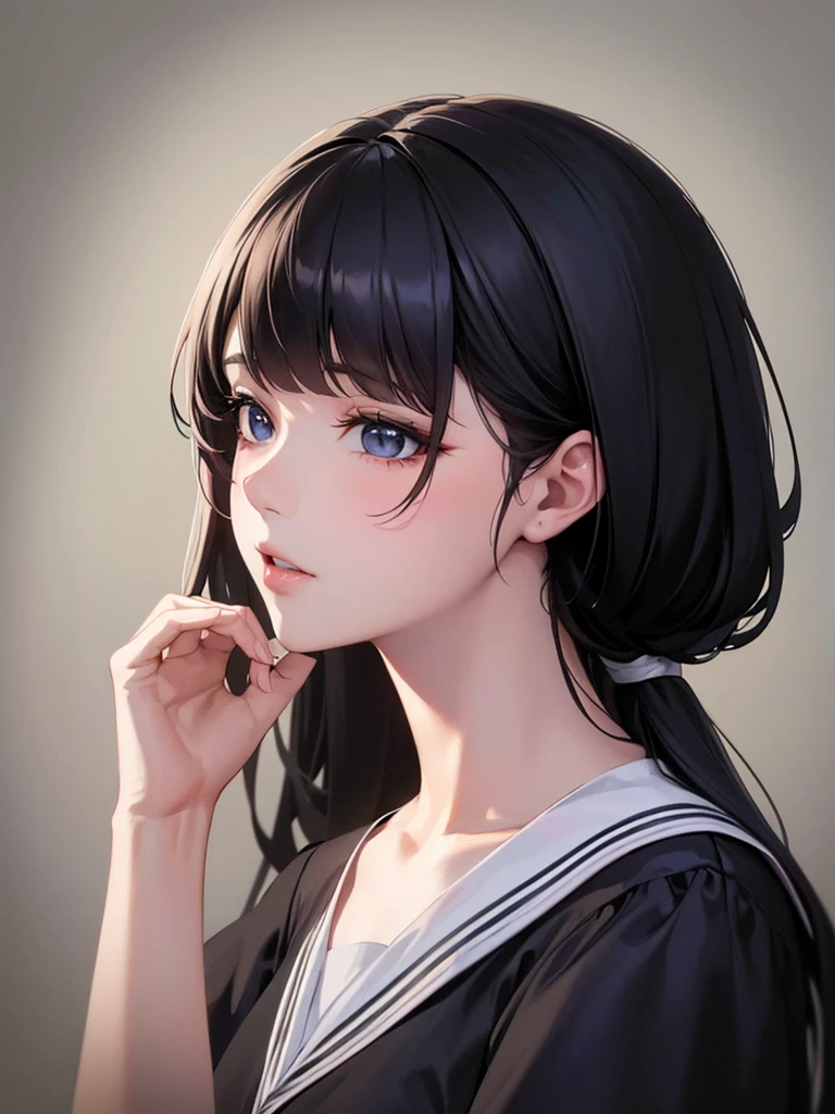 black hair, high resolution, Masterpiece, details, detailsสูง, โมเดลhigh resolution, 1 girl, simple background, white background