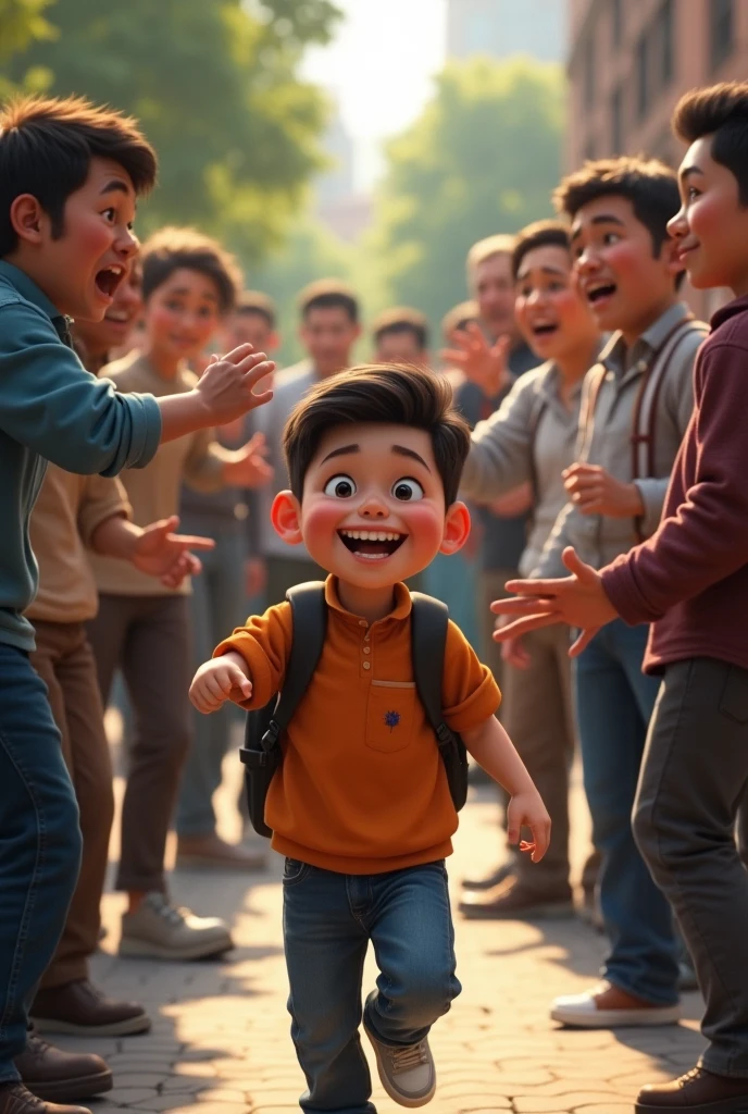  people come over here to help boy 
Any boy laughing people angry 