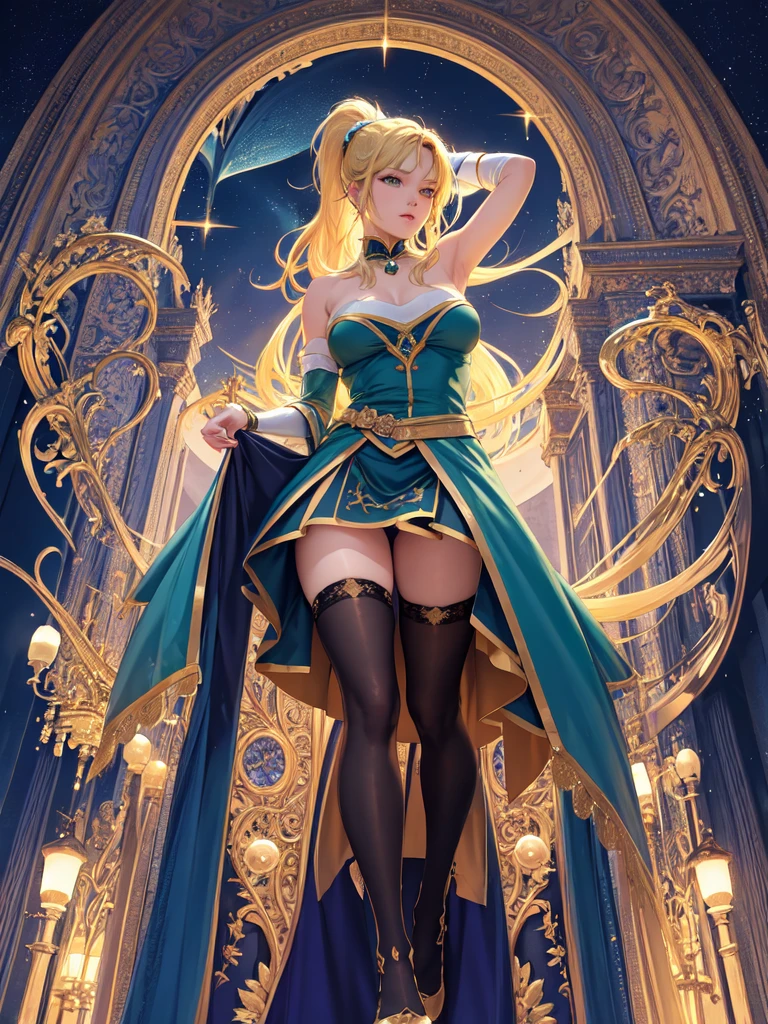 (obra maestra、highest qualityr、Detalles intrincados、El ultra-detallado、Ultra calidad、high resolusion、Las mejores sombras、The best lighting、4k) Once palabras clave: El cabello es dorado Beautiful blonde Longevity and immortality Beautiful figure Outstanding skills Harmony with nature Noble culture Ancient races Fantasy works Role-playing games Beauty and elegance Dark wizard girl Magical talent Hembras una chica de belleza mistic Criaturas ficticias Vestidos transparentes antiguos The buttocks are seen through a cuatro patas emphasis on the buttocks Sit with a beautiful back Looking back. Dark magician girl en un paisaje chino